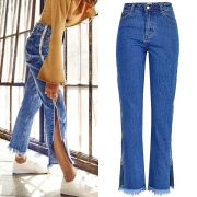 Street Fashion Sidodragkedja Frayed Hemline Gammalt tvättade jeans