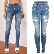Street Fashion Button Mid-rise Ripped Skinny Denim Jeans