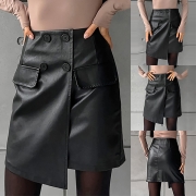 Street Fashion Dubbelknäppt Högmidjad Asymmetrisk konstläder PU-kjol