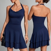 Halter Neck Mode Draperad Neckline Ruffle Hemline Kleid mit Rückenausschnitt