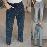Jeans med bling och strassdetaljer, hög midja och raka ben