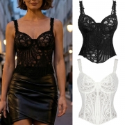 Sexig svart spetskorsett för dam – Transparent blommig bustier med volangdetaljer