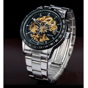Mechanical Hollow Engraving Automatic Self-Winding Silver Alloy Band Analog Wrist Watch