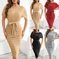 Sexy Semi-through Gauze Spliced Swiss Dot Short Sleeve Round Neck Bodycon Dress