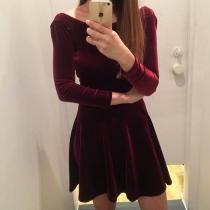 Sexy Backless Long Sleeve Round Neck Solid Color Dress