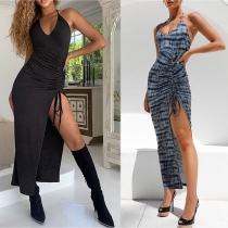 Sexy Backless V-neck Slit Hem Slim Fit Halter Dress