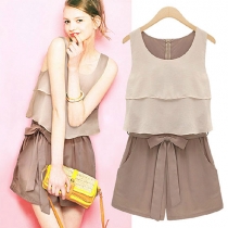 Two-layer Tank Top Bow Belt Shorts Romper Playsuit 