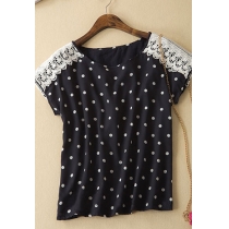 Polka Dots Crochet Lace Black Short Sleeve T Shirt  