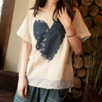 Love Heart Floral Print Loose Short Sleeve T Shirt  