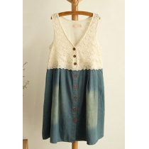 Buttoned Crochet Lace Tank Top Sleeveless Denim Dress 