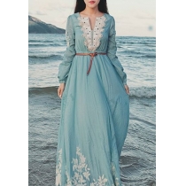 Embroidery Flower Long Sleeve High Waisted Maxi Dress 