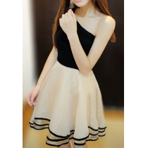 Contrast Color One Shoulder Draped Party Bodycon Pleated Dress 