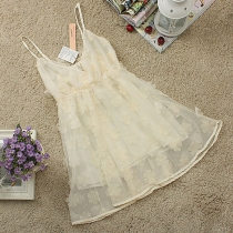 Sweet 3D Flower V Neck Mesh Slip Dress Sundress 