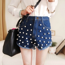 Dark Blue Beaded High Waisted Ripped Denim Shorts 