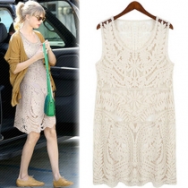 Celebrity Flower Embroidery Lace A-line Crew Neck Tank Dress
