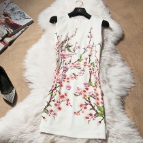 Elegant Blooming Floral Print Flower Applique Sleeveless Dress 