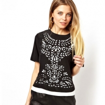 Contrast Color Laser Cut Short Sleeve T Shirt Tops 
