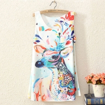 Mixed Color Deer Print Long Tank Top T Shirt 