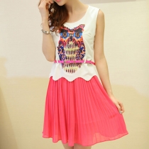 Owl Print Mock Two Piece Tank Dress Pleated Sundress 