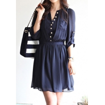 Half Sleeve Bodycon Pleated Button Front Shirt Dress 