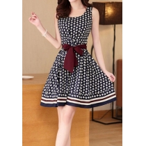 Navy Blue Star Stripe Print Belted Crew Neck Tank Dress