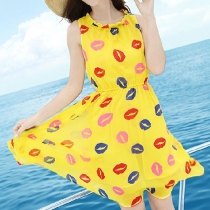 Red Lip Print Bodycon Tank Dress Beach Sundress