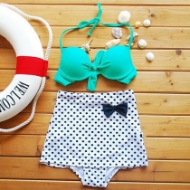 Bowknot Halter Bra Bikini High Waist Polka Dot Panties Swimsuit