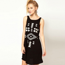Geometric Pattern Black Loose Fit Tank Top Dress 