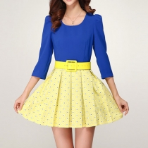 Draped Shoulder Flroal Dotted Pleated Dress 