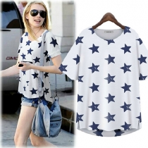 Star Print Loose Fit Short Sleeve T Shirt Crew Neck Top 