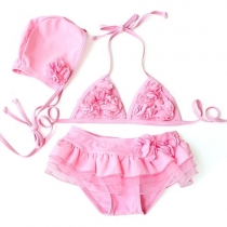 Child Halterneck Bra Mini Skirt Swimming Cap Bikini Swimwear