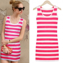 Pink and White Stripe Crew Neck Mini Tank Dress 