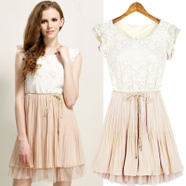 Crew Neck Falbala Lace Tank Top Bodycon Pleated Dress 
