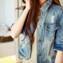 Three Quater Sleeve Hardware Destroyed Cropped Denim Jacket Coat 
