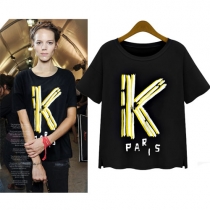 Stylish Letter Print Short Sleeve T Shirt Crew Neck Top 