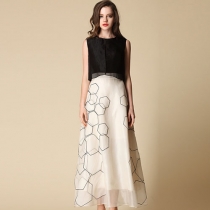 Contrast Color Hexagon Print High Waist Maxi Tank Dress 
