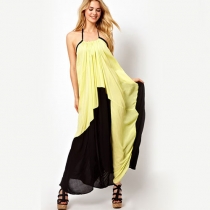 Gorgeous Sexy Contrast Color Open Back Cutout Maxi Halter Dress 