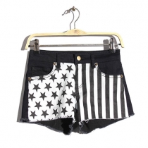 Star Stripe Black Low Wasit Ripped Denim Cutoffs Shorts 