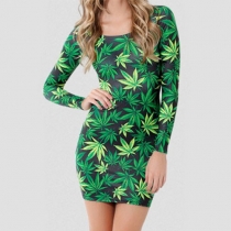 Green Leaf Print Long Sleeve Hip Hugging Mini Dress 