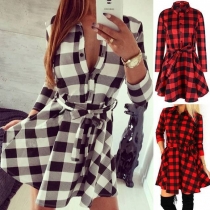 Fashion 3/4 Sleeve POLO Collar Plaid Shirt Dress