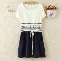 Tribal Embroidery Drawstring Belt Pocket Short Sleeve Dress 