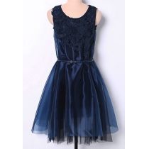 ark Blue Embroidery Flower Layered Mesh Tank Dress 