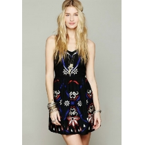 Tribal Embroidery Flower Open Back Slip Dress Sundress 