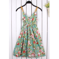 Floral Print Stretchy Open Back Surplice Slip Dress Sundress 