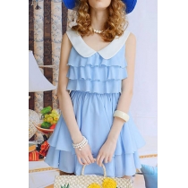Peter Pan Collar Falbala Stretch Blue Multi-layer Tank Dress 