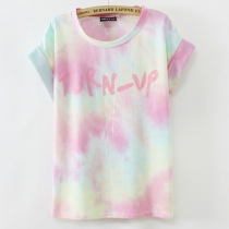 Gradient Color Roll Up Short Sleeve Turn-Up T Shirt 