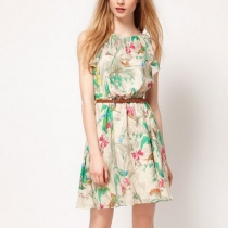 Sweet Colorful Floral Print Falbala Tank Dress Sundress 