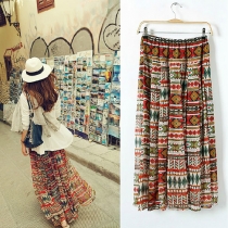 Boho Tribal Print Elastic Waistband Beach Maxi Skirt 