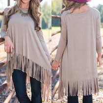 Fashion Solid Color Long Sleeve Round Neck Irregular Tassel Hem Dress