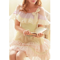 Sweet Girl Polka Dot Falbala Beaded Bowknot Poncho Dress 